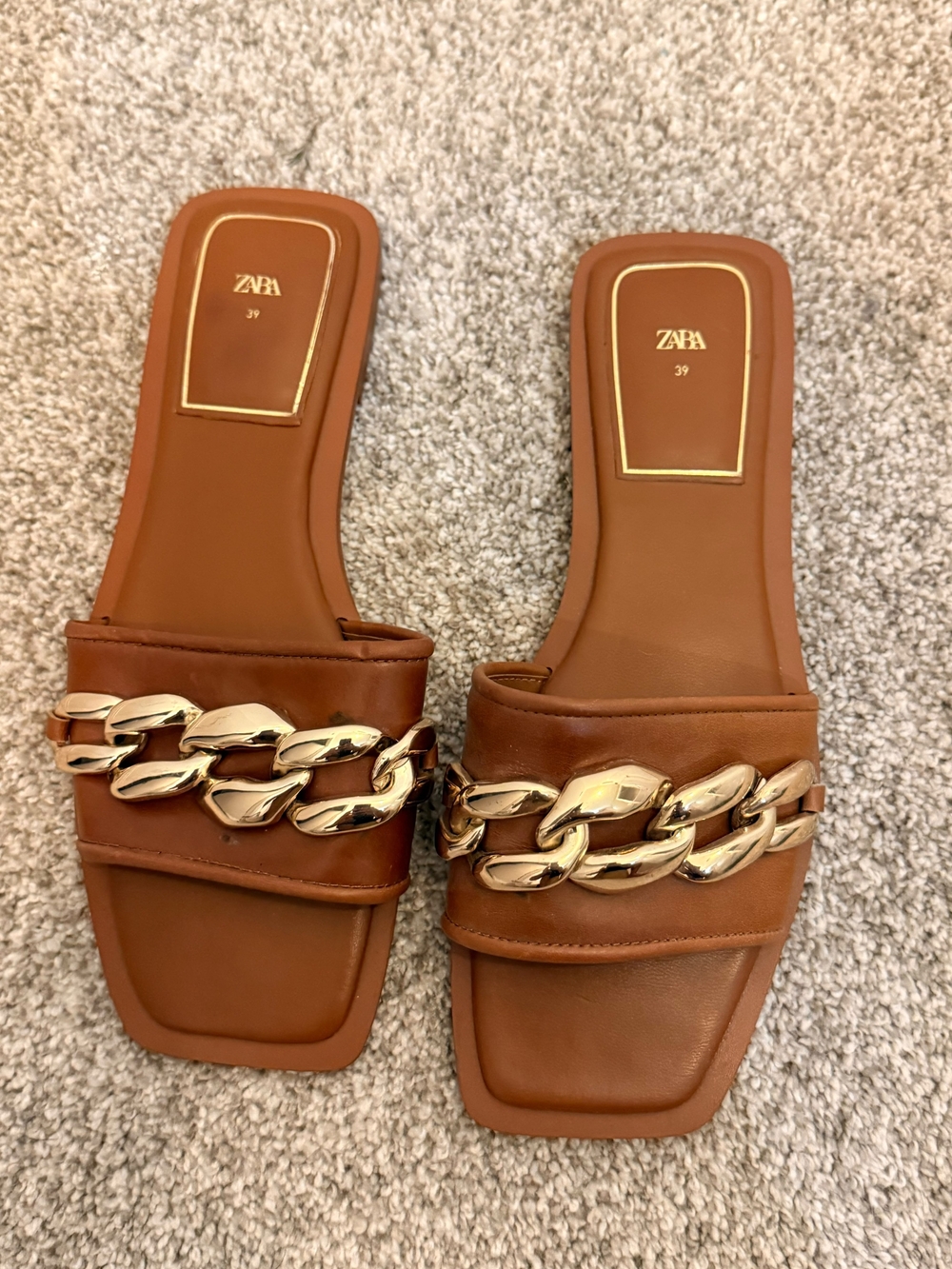 ZARA Tan Slide Mules with Gold Chain Accent